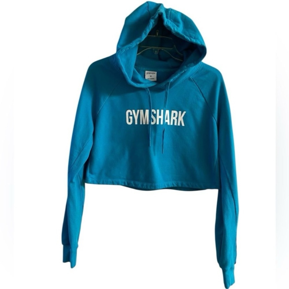 Gymshark Teal Blue Cropped Hoodie with White Logo Medium
